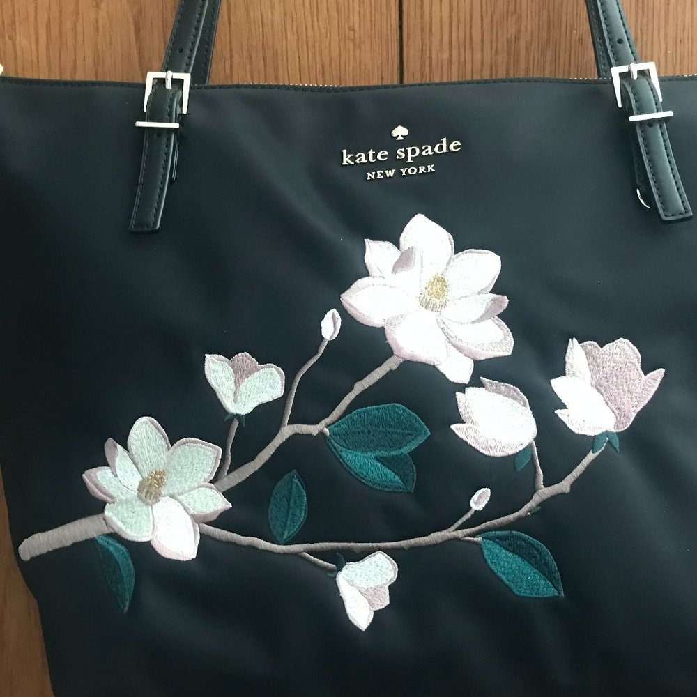 Perfect for Spring! Kate Spade Watson Lane Embroidered Maya Black Nylon Tote - Picture 3 of 4